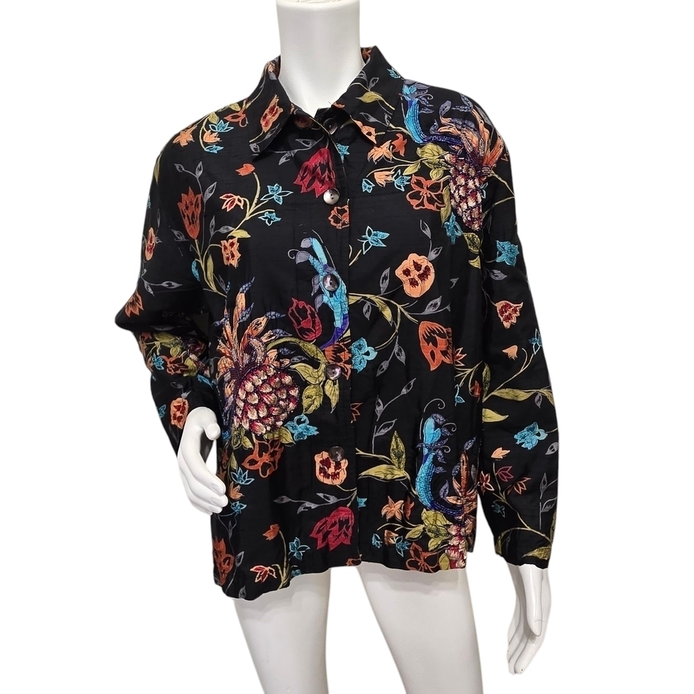 Vintage Chicos Floral Silk Black Button-Up Shirt Jacket Size 12